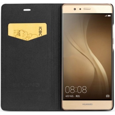 Huawei P9 (Huawei Ascend P9) „QIALINO“ atvēramais ādas melns maciņš - maks / Vacins.lv