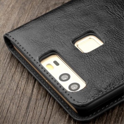 Huawei P9 (Huawei Ascend P9) „QIALINO“ atvēramais ādas melns maciņš - maks / Vacins.lv