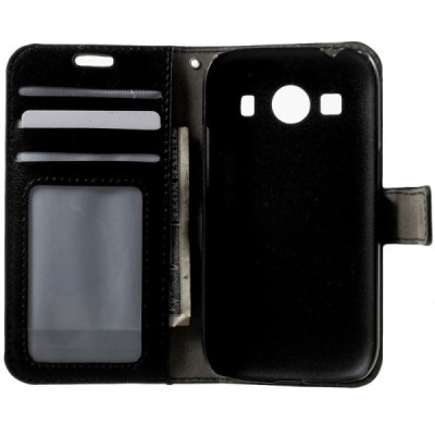 Samsung Galaxy Ace 4 (G357) atvēramais ādas melns maciņš (maks) / Vacins.lv