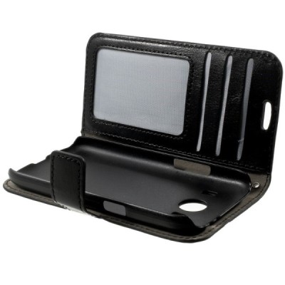 Samsung Galaxy Ace 4 (G357) atvēramais ādas melns maciņš (maks) / Vacins.lv