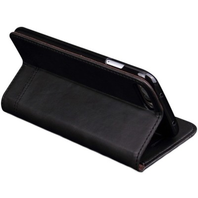 „Deluxe“ atverčiamas juodas odinis Apple iPhone 7 Plus (iPhone 8 Plus) dėklas - knygutė / Priedai.lt