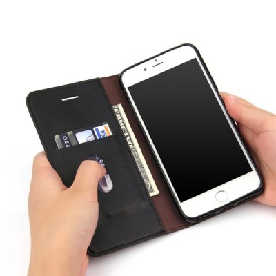 „Deluxe“ atverčiamas juodas odinis Apple iPhone 7 Plus (iPhone 8 Plus) dėklas - knygutė / Priedai.lt