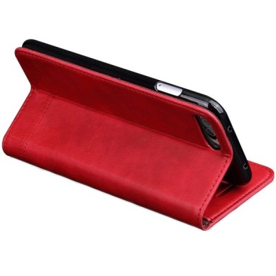 „Deluxe“ atverčiamas raudonas odinis Apple iPhone 7 Plus (iPhone 8 Plus) dėklas - knygutė / Priedai.lt