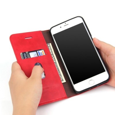 „Deluxe“ atverčiamas raudonas odinis Apple iPhone 7 Plus (iPhone 8 Plus) dėklas - knygutė / Priedai.lt