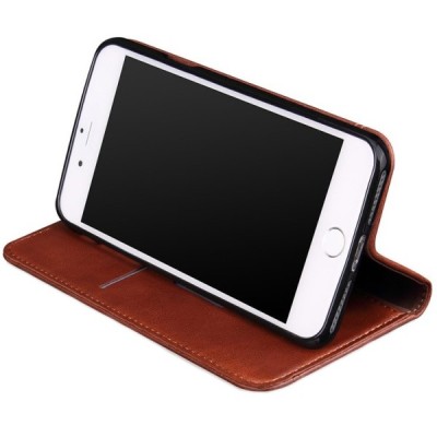 „Deluxe“ atverčiamas tamsiai rudas odinis Apple iPhone 7 Plus (iPhone 8 Plus) dėklas - knygutė / Priedai.lt