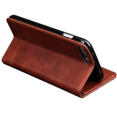 „Deluxe“ atverčiamas tamsiai rudas odinis Apple iPhone 7 Plus (iPhone 8 Plus) dėklas - knygutė / Priedai.lt