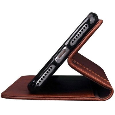 „Deluxe“ atverčiamas tamsiai rudas odinis Apple iPhone 7 Plus (iPhone 8 Plus) dėklas - knygutė / Priedai.lt