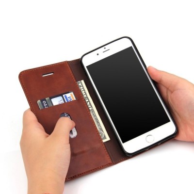 „Deluxe“ atverčiamas tamsiai rudas odinis Apple iPhone 7 Plus (iPhone 8 Plus) dėklas - knygutė / Priedai.lt