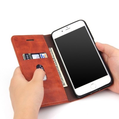 Apple iPhone 7 Plus (iPhone 8 Plus) „Deluxe“ ādas atvēramais gaiši brūns maciņš (maks) / Vacins.lv