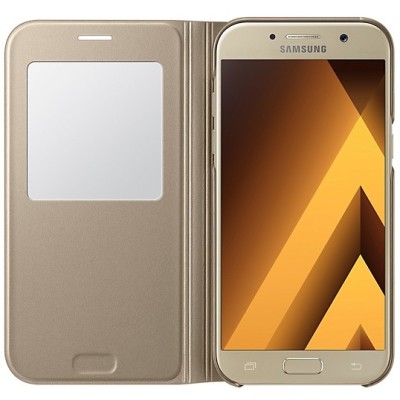 Samsung Galaxy A5 (2017) A520 oficiāls S View Cover atvērams zelta ādas maciņš / Vacins.lv