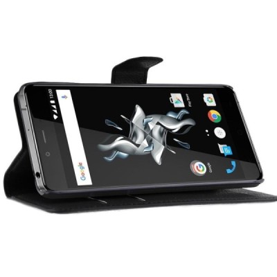 OnePlus X atverčiamas juodas odinis Litchi dėklas - piniginė / Priedai.lt