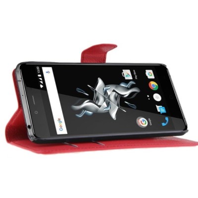 OnePlus X atverčiamas raudonas odinis Litchi dėklas - piniginė / Priedai.lt