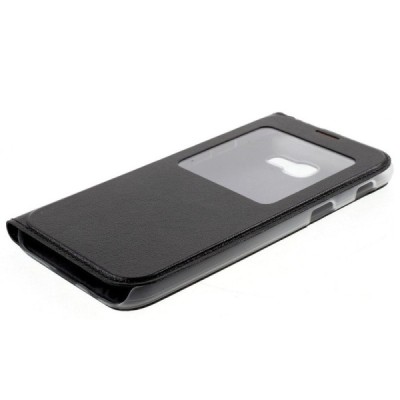 Samsung Galaxy A5 2017 (A520) juodas odinis atverčiamas dėklas su langeliu / Priedai.lt