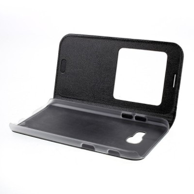 Samsung Galaxy A3 (2017) A320 juodas odinis atverčiamas dėklas su langeliu / Priedai.lt