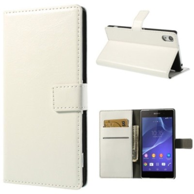 Sony Xperia Z2 D6503 atverčiamas baltas odinis dėklas - piniginė / Priedai.lt