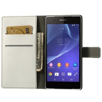 Sony Xperia Z2 D6503 atverčiamas baltas odinis dėklas - piniginė / Priedai.lt