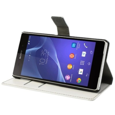 Sony Xperia Z2 D6503 atverčiamas baltas odinis dėklas - piniginė / Priedai.lt