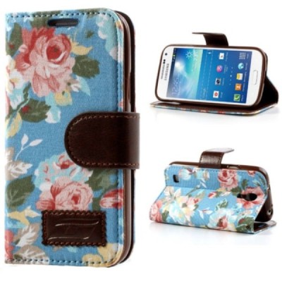 Atverčiamas Samsung Galaxy S4 mini (i9190, i9192, i9195) rožių spalvotas dėklas (piniginė) - mėlynas / Priedai.lt