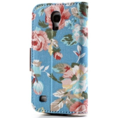 Atverčiamas Samsung Galaxy S4 mini (i9190, i9192, i9195) rožių spalvotas dėklas (piniginė) - mėlynas / Priedai.lt