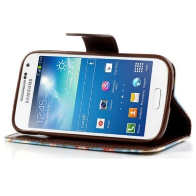 Atverčiamas Samsung Galaxy S4 mini (i9190, i9192, i9195) rožių spalvotas dėklas (piniginė) - mėlynas / Priedai.lt