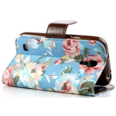 Atverčiamas Samsung Galaxy S4 mini (i9190, i9192, i9195) rožių spalvotas dėklas (piniginė) - mėlynas / Priedai.lt