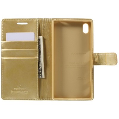 Mercury Blue Moon atverčiamas Sony Xperia Z5 auksinis odinis dėklas - piniginė / Priedai.lt