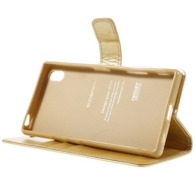 Mercury Blue Moon atverčiamas Sony Xperia Z5 auksinis odinis dėklas - piniginė / Priedai.lt