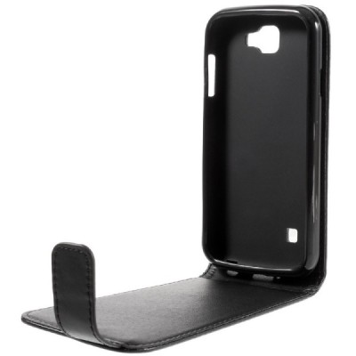 LG K3 (K100) klasisks ādas vertikāli atvēramais melns futrālis / Vacins.lv