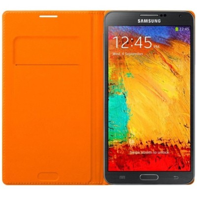 Samsung Galaxy Note 3 (N9005, N9002, N9000) oficiāls Flip Wallet atvērams oranžs ādas maciņš / Vacins.lv