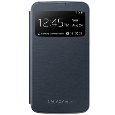 Samsung Galaxy Mega 6.3 (GT-I9200, GT-I9205) oficiāls S View Cover atvērams melns ādas maciņš / Vacins.lv