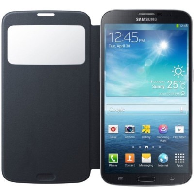 Samsung Galaxy Mega 6.3 (GT-I9200, GT-I9205) oficiāls S View Cover atvērams melns ādas maciņš / Vacins.lv