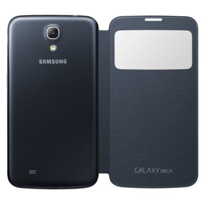 Samsung Galaxy Mega 6.3 (GT-I9200, GT-I9205) oficiāls S View Cover atvērams melns ādas maciņš / Vacins.lv