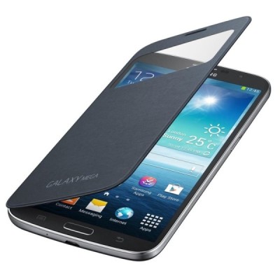 Samsung Galaxy Mega 6.3 (GT-I9200, GT-I9205) oficiāls S View Cover atvērams melns ādas maciņš / Vacins.lv