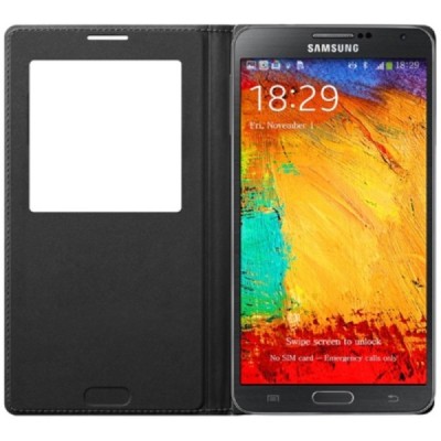 Samsung Galaxy Note 3 juodas odinis atverčiamas „View Window“ dėklas su langeliu / Priedai.lt