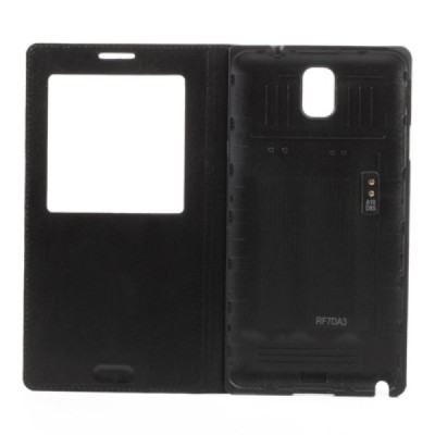 Samsung Galaxy Note 3 juodas odinis atverčiamas „View Window“ dėklas su langeliu / Priedai.lt