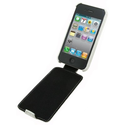 Apple iPhone 4S klasisks „Melkco“ vertikāli atvēramais ādas balts maciņš / Vacins.lv