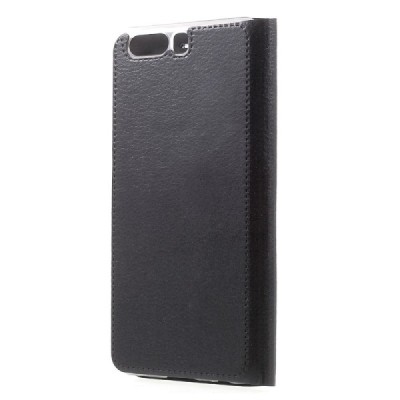 Huawei P10 (Huawei Ascend P10) juodas odinis atverčiamas Flip Wallet dėklas - piniginė / Priedai.lt