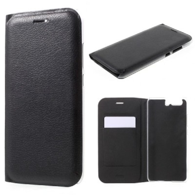 Huawei P10 (Huawei Ascend P10) juodas odinis atverčiamas Flip Wallet dėklas - piniginė / Priedai.lt