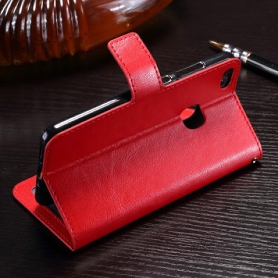 Huawei P10 Lite atverčiamas raudonas odinis dėklas - piniginė / Priedai.lt