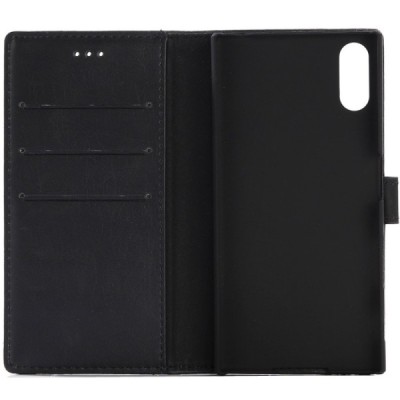 Sony Xperia XZ ir Sony Xperia XZs atverčiamas juodas odinis retro dėklas - piniginė / Priedai.lt