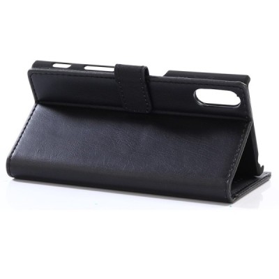 Sony Xperia XZ ir Sony Xperia XZs atverčiamas juodas odinis retro dėklas - piniginė / Priedai.lt