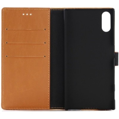 Sony Xperia XZ ir Sony Xperia XZs atverčiamas šviesiai rudas odinis retro dėklas - piniginė / Priedai.lt