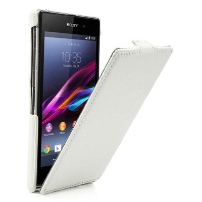 Klasikinis Sony Xperia Z1 atverčiamas baltas odinis dėklas / Priedai.lt