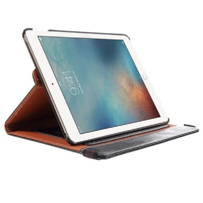 Apple iPad Pro 9.7" solīds atvēramais melns ādas futrālis, grozās 360° grādu apjomā / Vacins.lv