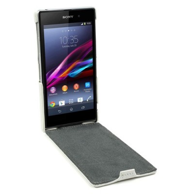 Klasikinis Sony Xperia Z1 atverčiamas baltas odinis dėklas / Priedai.lt