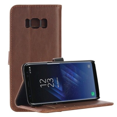 Samsung Galaxy S8 (G950) atverčiamas tamsiai rudas odinis retro dėklas - piniginė / Priedai.lt