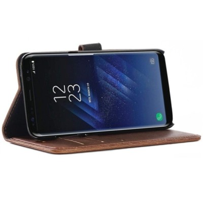 Samsung Galaxy S8 (G950) atverčiamas tamsiai rudas odinis retro dėklas - piniginė / Priedai.lt