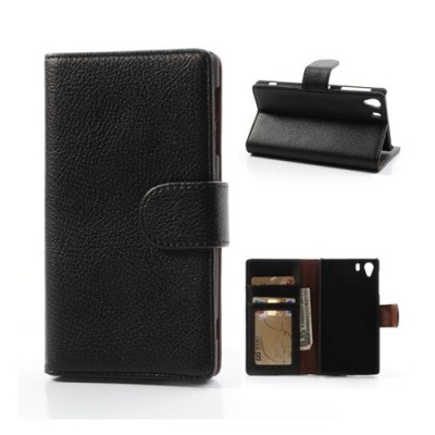 Sony Xperia Z1 atvēramais melns ādas Lychee futrālis - maciņš / Vacins.lv