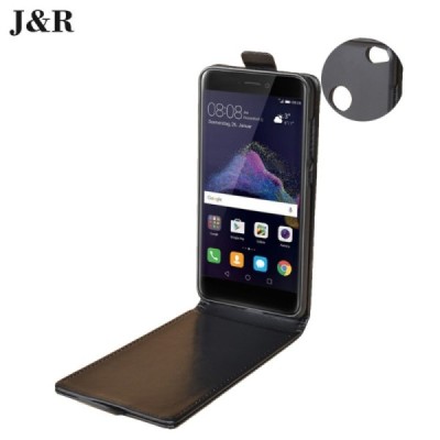 Huawei P9 Lite 2017 (Huawei P8 Lite 2017) „J&R“ klasikinis vertikaliai atverčiamas juodas odinis dėklas / Priedai.lt