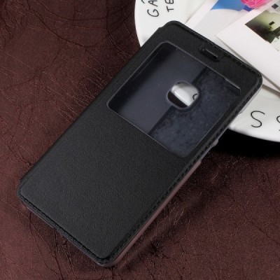 Huawei P10 Lite juodas odinis atverčiamas dėklas su langeliu / Priedai.lt